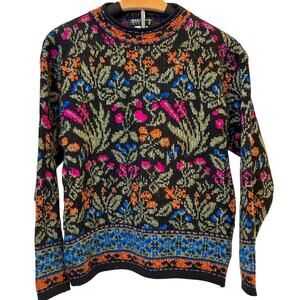 Vintage 80s 90s Wool Italian Floral Fair Isle Heavy Knit Chunky Cozy Cabincore